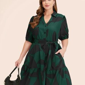 BloomChic Green & Black Plant Print Midi Dress Puff Sleeve Button Front Size 14
